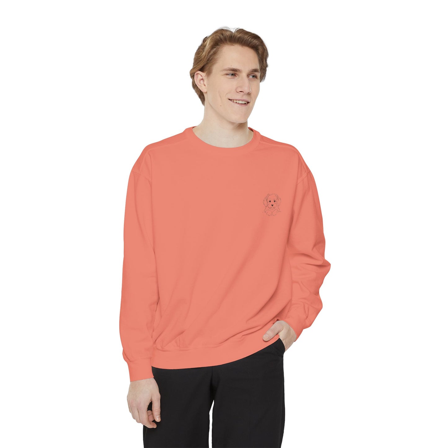 Garment-Dyed Coral Sweatshirt — Minimal Tiny Heart Chest Graphic