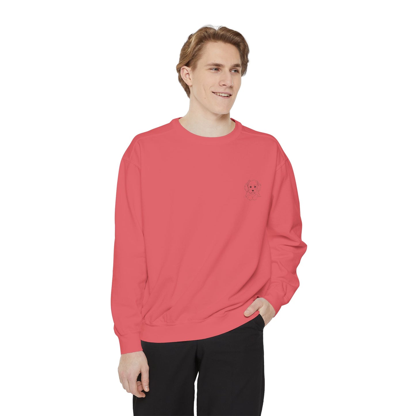 Garment-Dyed Coral Sweatshirt — Minimal Tiny Heart Chest Graphic