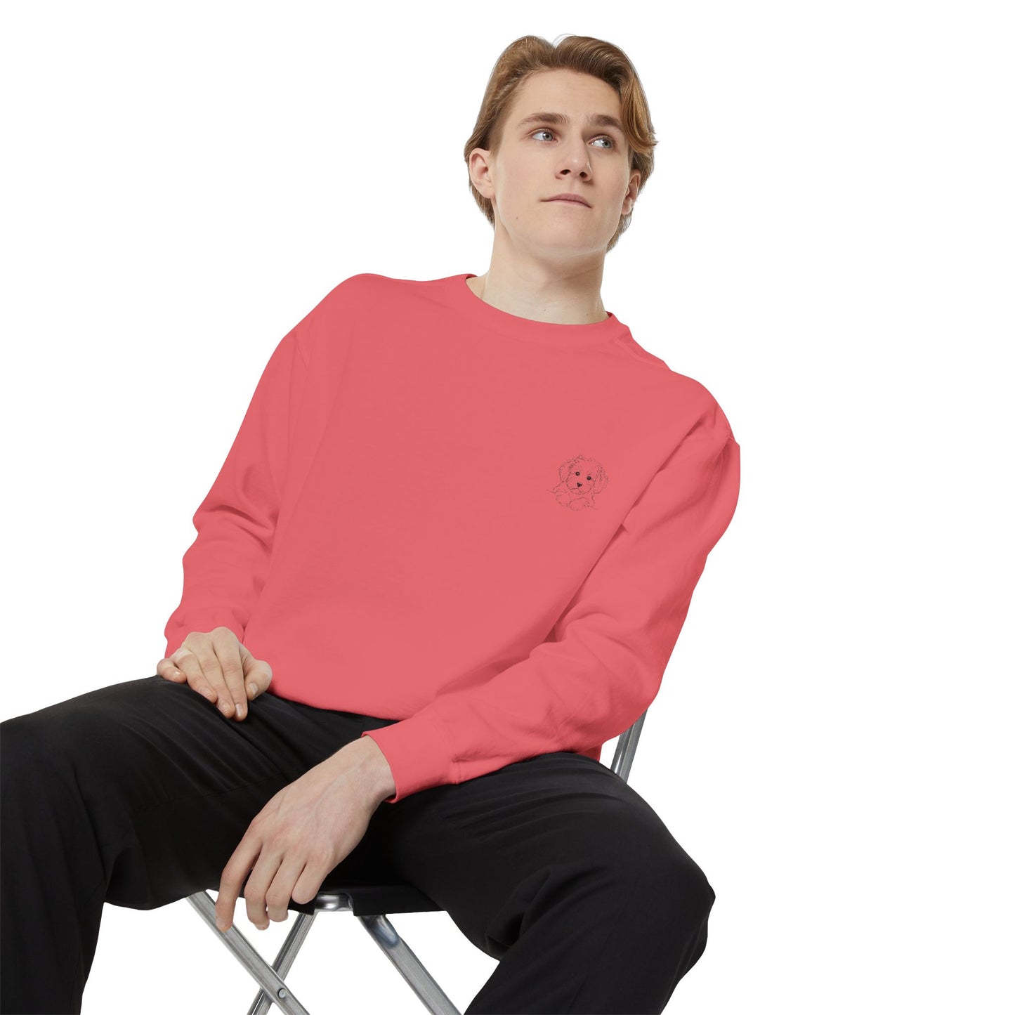 Garment-Dyed Coral Sweatshirt — Minimal Tiny Heart Chest Graphic