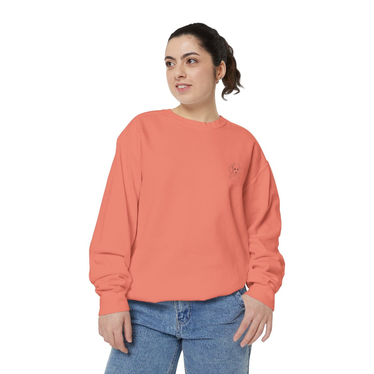 Garment-Dyed Coral Sweatshirt — Minimal Tiny Heart Chest Graphic