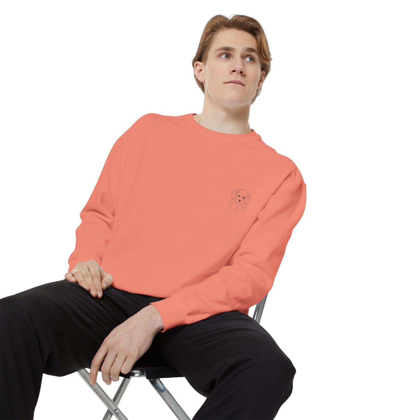 Garment-Dyed Coral Sweatshirt — Minimal Tiny Heart Chest Graphic