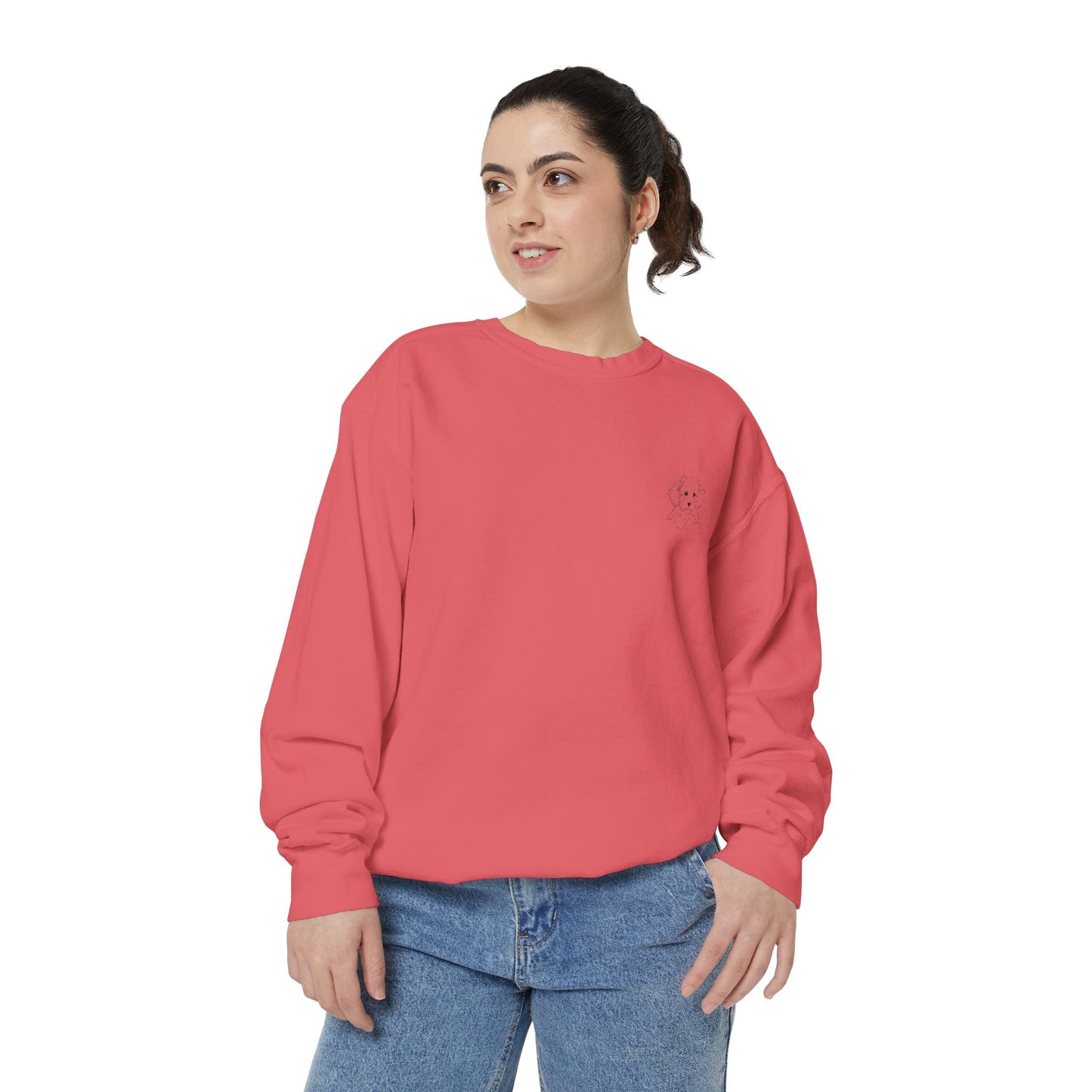 Garment-Dyed Coral Sweatshirt — Minimal Tiny Heart Chest Graphic