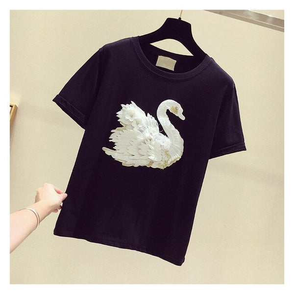 Women's White Swan Embroidery Tshirts