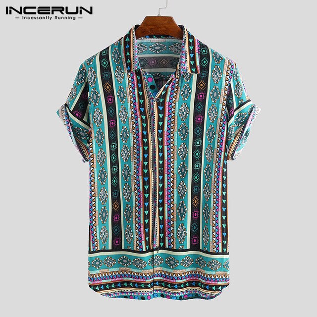 INCERUN 2020 Retro Print Men Casual Shirt Lapel Neck Tops Ethnic Style Short Sleeve Shirts Men Camisa Streetwear Hawaiian Shirt