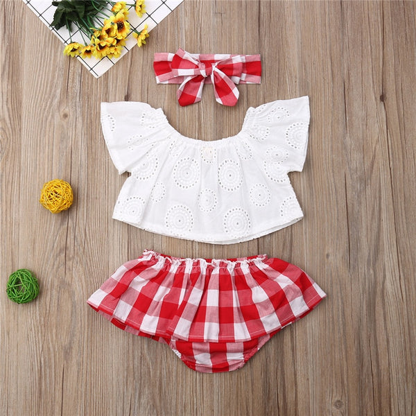 Cute Newborn Baby Girl Summer Clothes 3pcs Off Shoulder Tops+Plaid Short Dress+Headband Outfits 0-24M New