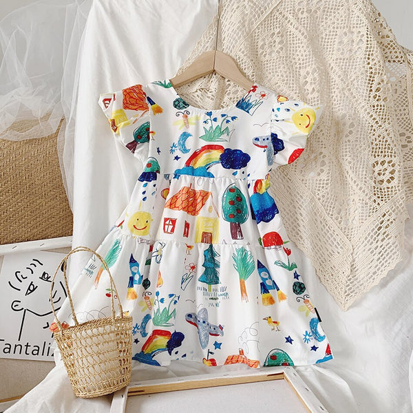 Baby Girls Casual Dress Kids Summer Swing Flared Dresses Children Birthday Party Costume Girls Doodle Clothes