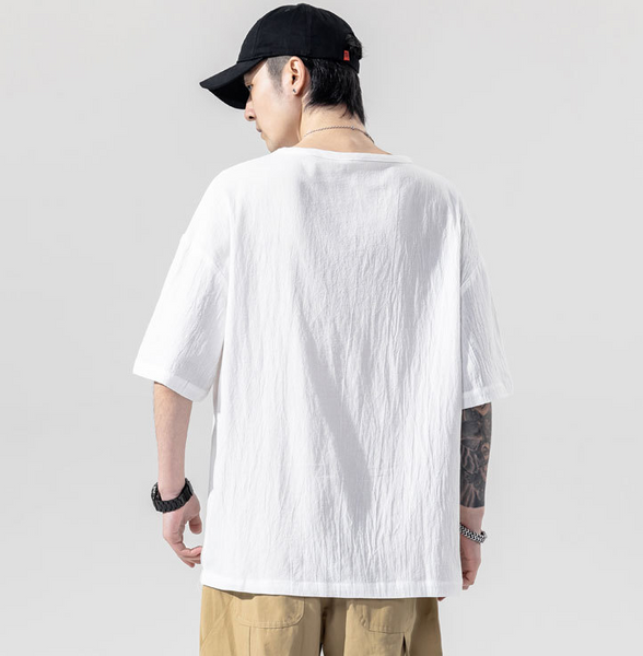 Men's Loose V-neck Summer Chinese Style Linen Short Sleeve T-shirt