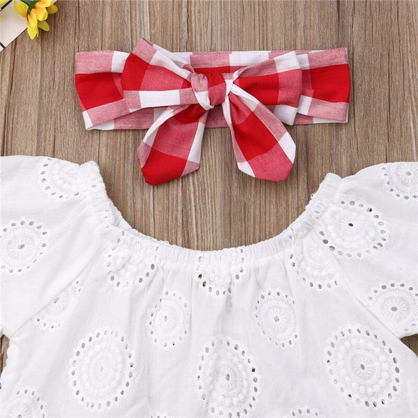 Cute Newborn Baby Girl Summer Clothes 3pcs Off Shoulder Tops+Plaid Short Dress+Headband Outfits 0-24M New