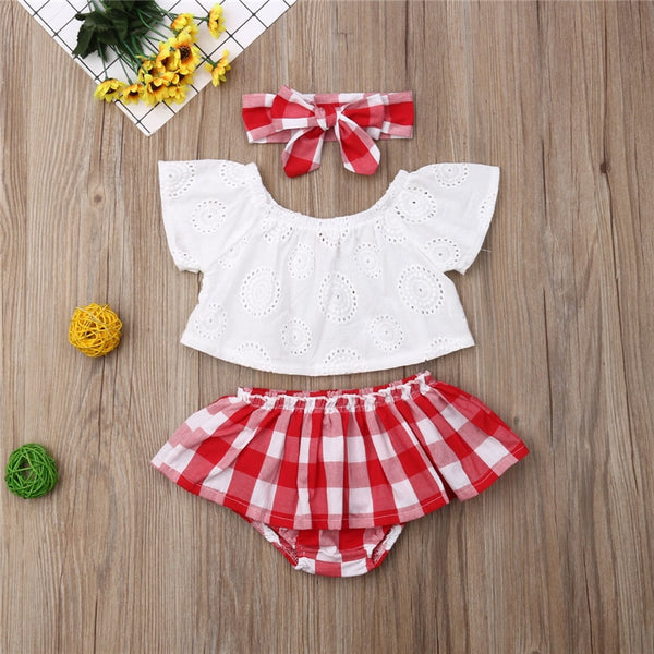 Cute Newborn Baby Girl Summer Clothes 3pcs Off Shoulder Tops+Plaid Short Dress+Headband Outfits 0-24M New