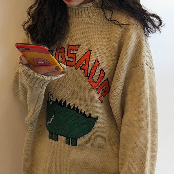 Harajuku winter fashion vintage women funny letter print o-neck pullover long sleeve loose knitted oversize sweater female