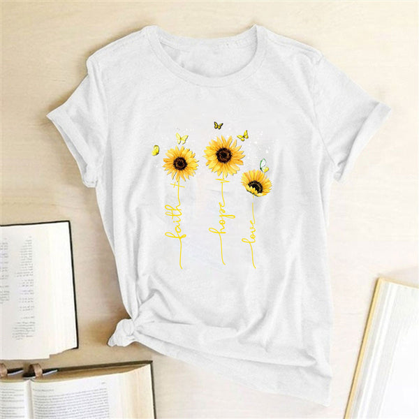 Women's Sunflower Printed Tshirts Faith Hope Love