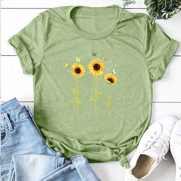 Women's Sunflower Printed Tshirts Faith Hope Love