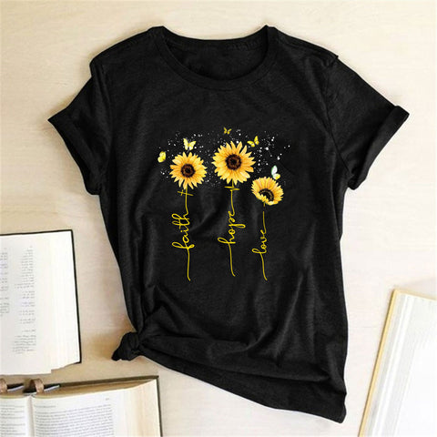 Women's Sunflower Printed Tshirts Faith Hope Love
