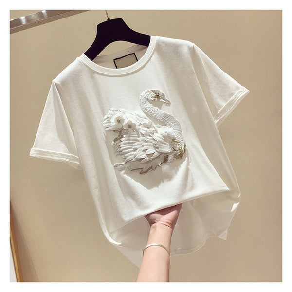 Women's White Swan Embroidery Tshirts