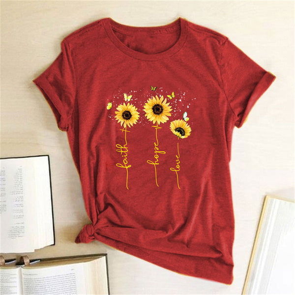 Women's Sunflower Printed Tshirts Faith Hope Love