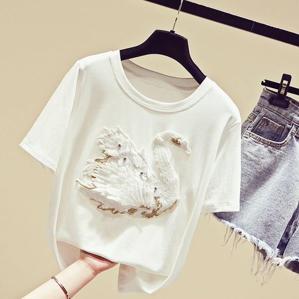 Women's White Swan Embroidery Tshirts