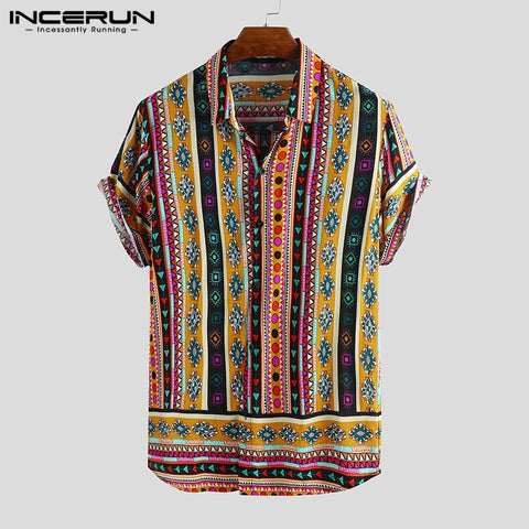 INCERUN 2020 Retro Print Men Casual Shirt Lapel Neck Tops Ethnic Style Short Sleeve Shirts Men Camisa Streetwear Hawaiian Shirt