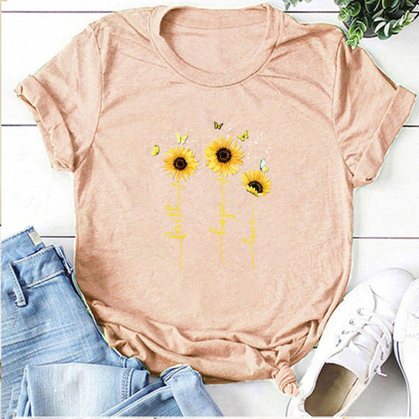 Women's Sunflower Printed Tshirts Faith Hope Love