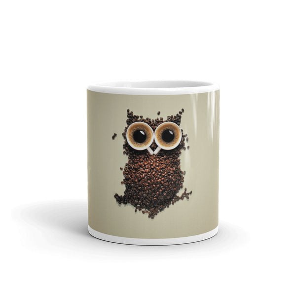 White glossy mug with owl print