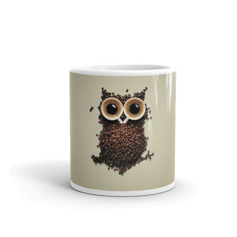 White glossy mug with owl print